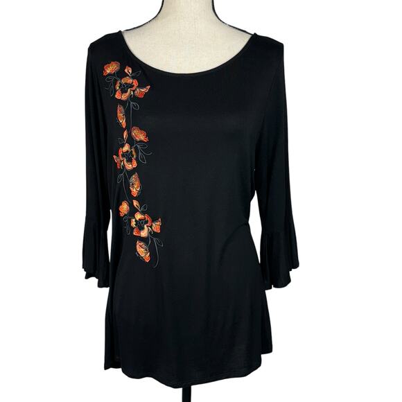 APT 9 Large Top Floral Embroidered 3/4 Bell Sleeves Stretch Wide Neckline Black - Picture 1 of 9